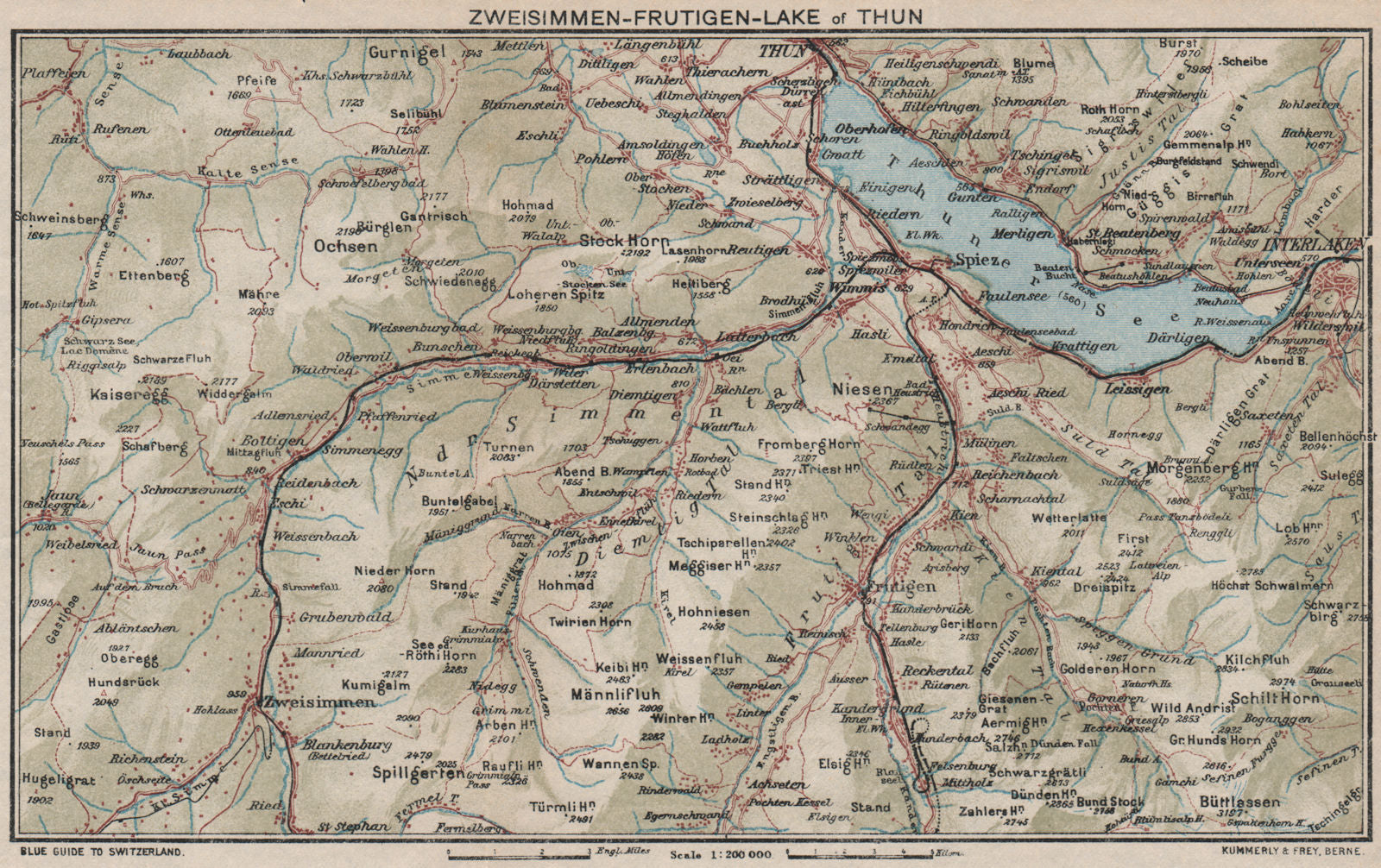 ZWEISIMMEN FRUTIGEN THUNERSEE. Interlaken Spiez Kienthal Aeschi 1930 old map